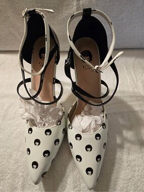 White Pointed Ankle-Strap Heels with Black Graphic Detail
